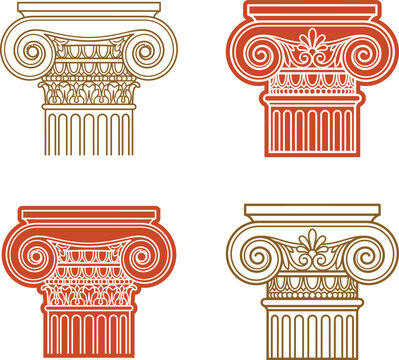 Set of ancient greek ionic order column capitals with decorative scroll designs and fluted shafts