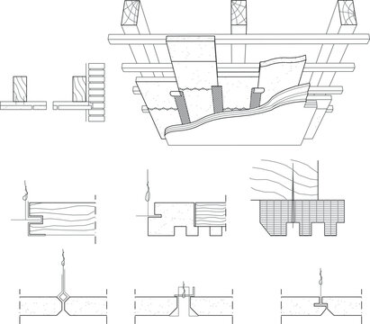 Technical line art vector illustration of a timber ceiling construction and suspended plasterboard joint assembly detail set, featuring an isometric exploded view of wooden roof rafters