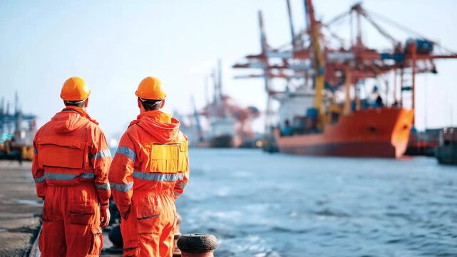 Two workers in hard hats oversee a cargo ship with cranes in the port on a foggy morning. Concept of industrial logistics, maritime shipping, and port operations