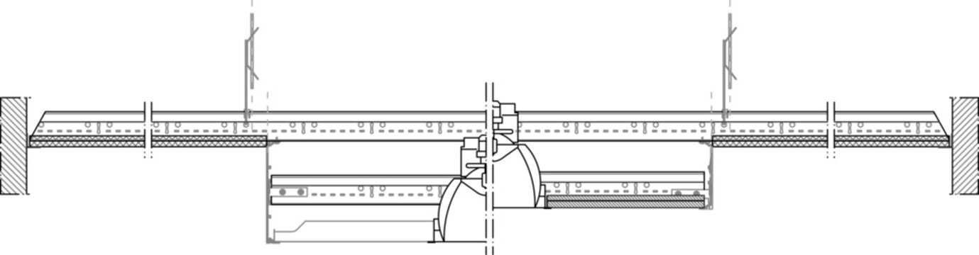 Technical line art vector illustration of a suspended ceiling bulkhead and lighting cove section detail, showing a drop ceiling grid system, suspended hanger wires, vertical drywall bulkhead step, rec