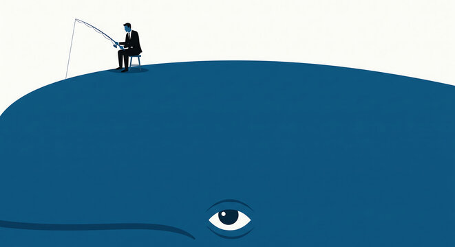 Businessman fishing on top of a massive blue whale in a minimalist business concept illustration.