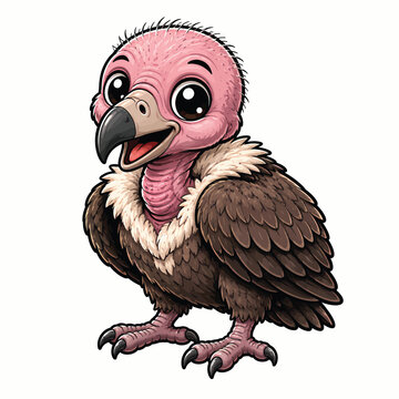 Cute cartoon vulture bird with pink featherless head, detailed brown plumage and friendly expression, adorable wildlife illustration isolated on white
