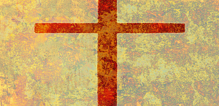 multicolored textural paint background with red cross