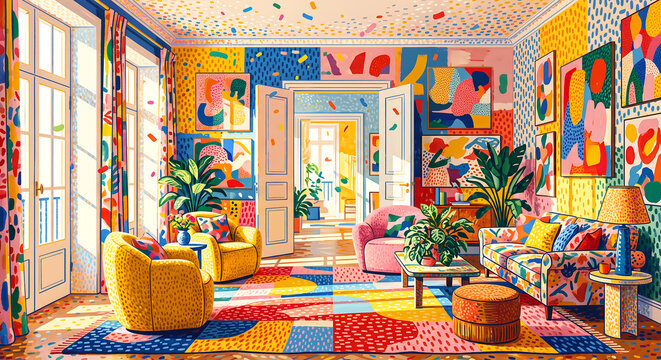 Colorful maximalist living room interior vector illustration with bright abstract patterns and modern furniture
