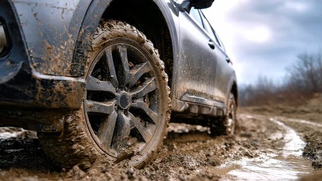 Close-up of an off-road vehicle's wheel spinning in deep mud, spraying dirt and water. A driving experience tackling rugged off-road terrain and autumn slush