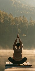 Fototapeta premium Person practicing seated yoga on a lakeside pier at dawn with misty forest backdrop for meditation background and wellness design