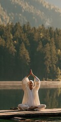 Fototapeta premium Senior man practicing seated yoga meditation on a wooden dock by a calm lake at sunrise with forest reflection for wellness poster and background design