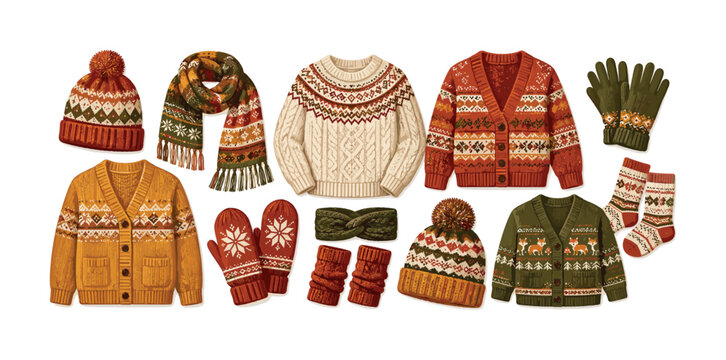 Cozy knitted winter clothing collection with fair isle patterns and warm colors
