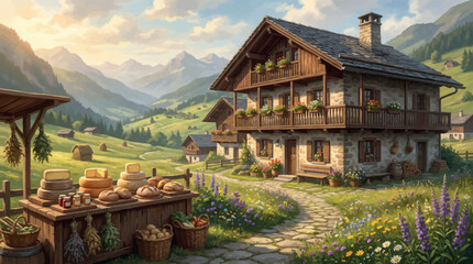 Obraz premium Alps cottage illustration with cheese market and mountain landscape