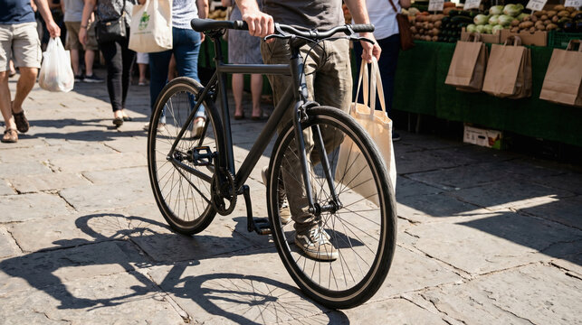Close-Up of Cyclist in a Busy Market With Bike and Walking Posture