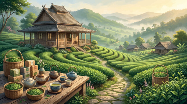 Tea plantation illustration featuring traditional wooden house, terraced tea fields, and wooden table with teapots and baskets in a scenic mountain landscape