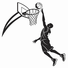 Basketball player jumping for a dunk at the hoop with slam dunk basketball game black silhoue © Hosen