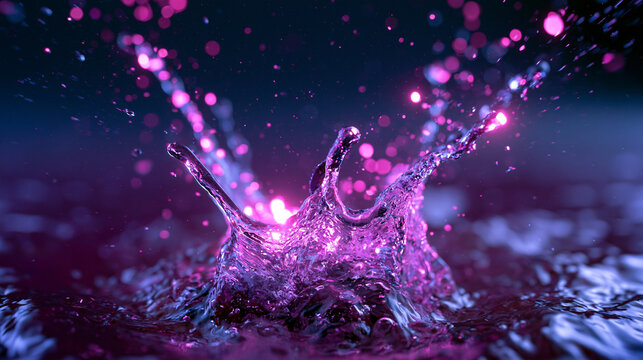Crown Water Splash with Purple Neon Bokeh Lights