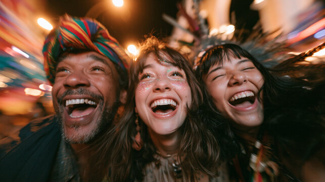 Joyful Friends Laughing Together at Night Street Festival