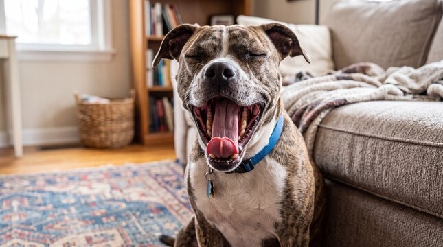 Dog Yawning While Sitting in Living Room