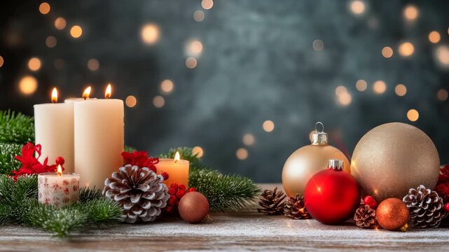 Christmas candles glow beside red and gold ornaments and pinecones against warm bokeh lights in a dark festive scene