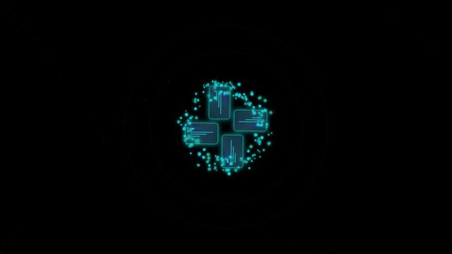 Futuristic digital cross logo animation, glowing blue medical plus symbol with particle effects, high-tech healthcare motion graphic