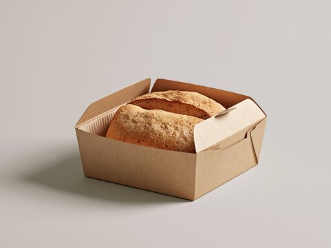 A single loaf of crusty sourdough bread resting inside an open rectangular brown cardboard box for food takeaway on a plain light background