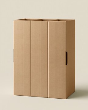 A three-compartment cardboard box organizer standing upright, made of brown corrugated paper with vertical dividers and side handle cutouts