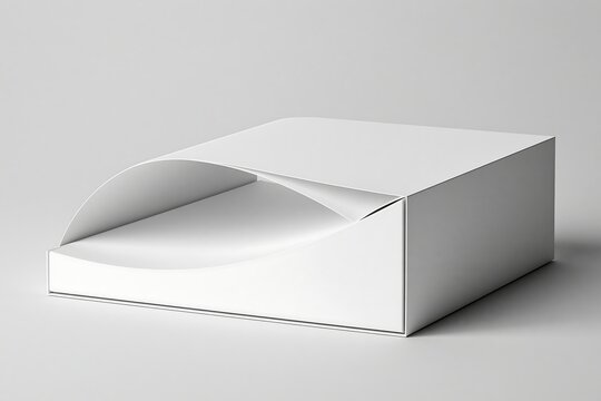 A white rectangular cardboard box with a unique curved lid, presented in a clean studio setting for product packaging mockups