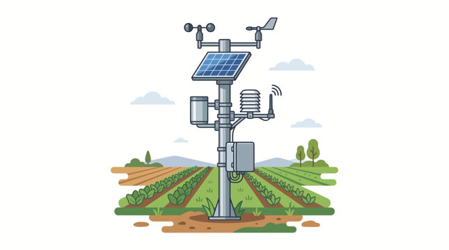 Modern automated weather station installed in a green agricultural field for climate monitoring.