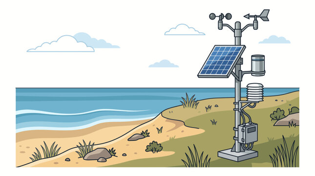 Automated weather station with solar panel installed on a scenic sandy beach.