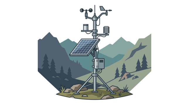 Automated weather station with solar panel in a mountainous landscape illustration.