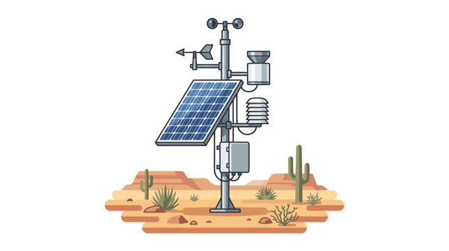 Automated weather station with solar panel power in a desert landscape illustration.