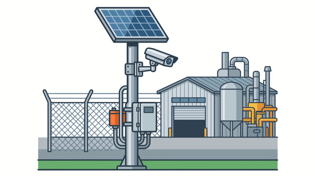 Illustration of a solar powered security camera monitoring an industrial factory facility.