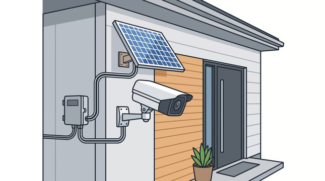 Illustration of a modern house exterior with a solar powered security camera system.