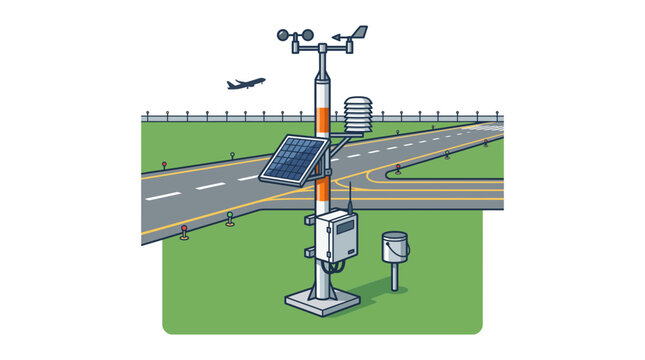 Illustration of an automated weather station located near a road with a small airplane flying in the sky.