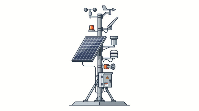 Automated meteorological station with solar panel and various sensors for environmental monitoring.