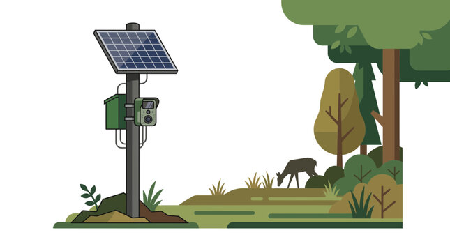 A trail camera powered by a solar panel in a forest with a deer.