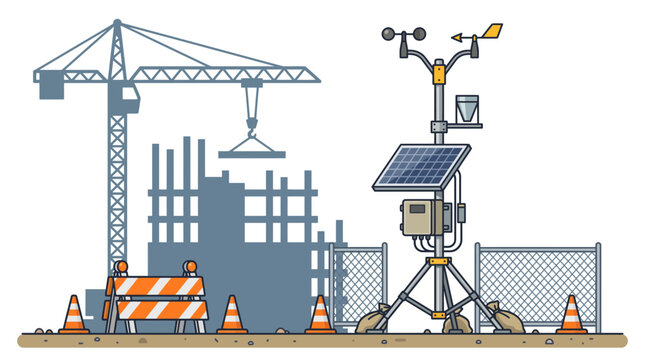 Construction site with a mobile weather station and tower crane in the background.