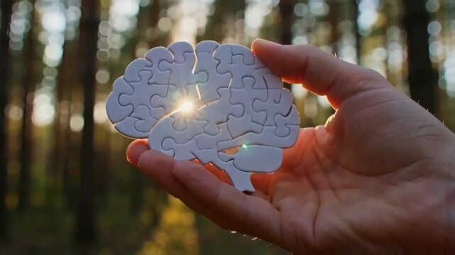 Person holding brain puzzle with sunlight shining through trees