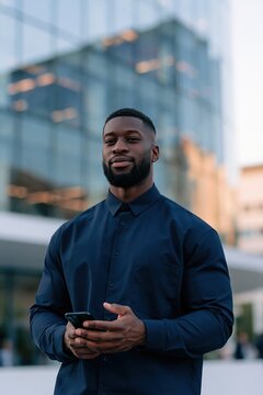 Smiling business professional holding smartphone outside contemporary office tower for corporate headshot and website banner design