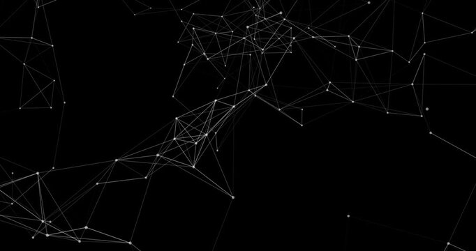 A slow flight along a sparse white plexus wireframe structure on pure black. Elegant geometric lines create a sense of boundless cyber void.