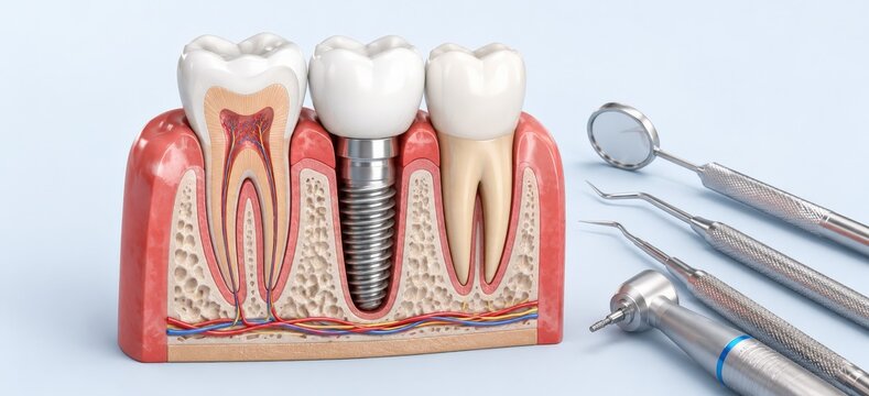 Dental implant cross-section showing bone integration and surrounding tooth anatomy