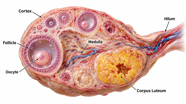 Cross section of an ovary showing follicles, oocyte, corpus luteum, cortex, and medulla.
