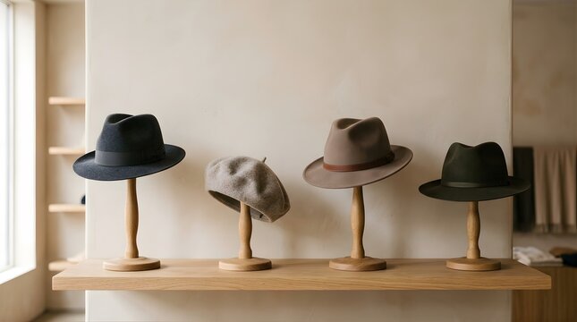 Collection of stylish felt hats on wooden stands displayed in a shop