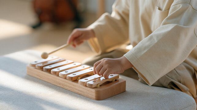 A violinist's child arranging a wooden xylophone with tuned bars on a music room bench, early music education, melodic learning toy, auditory development, pitch recognition,