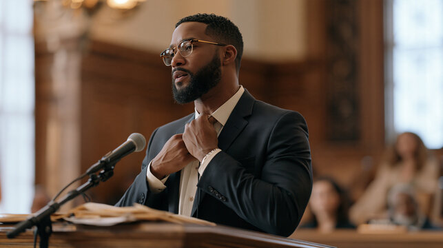 Tall bearded man tugging shirt collar repeatedly during courtroom testimony, witness stand, law court interior, legal stress, anxiety under oath, involuntary self-soothing
