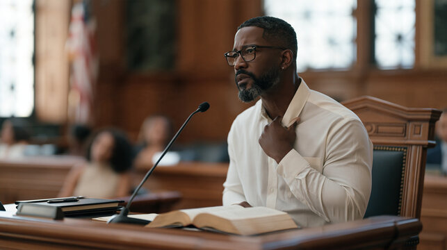 Tall bearded man tugging shirt collar repeatedly during courtroom testimony, witness stand, law court interior, legal stress, anxiety under oath, involuntary self-soothing