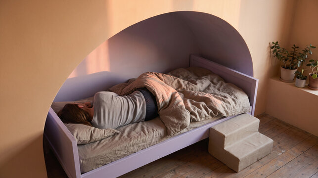 Apricot alcove daybed with a curled sleeper pose