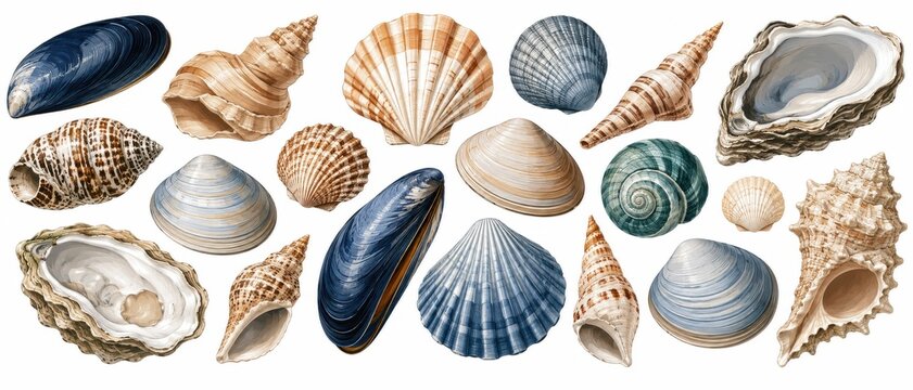 Collection of diverse seashells and bivalves on a white background