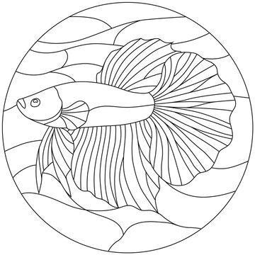 Betta Fish Stained Glass Pattern Coloring Page, Siamese Fighting Fish Line Art with Flowing Fins in Tiffany Style Vitrage Design, Black and White Illustration