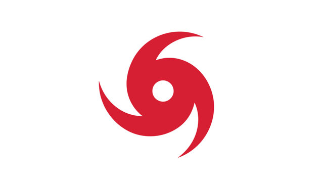 Red spiral storm symbol featuring a minimalist cyclone design with sharp curves and bold flat color