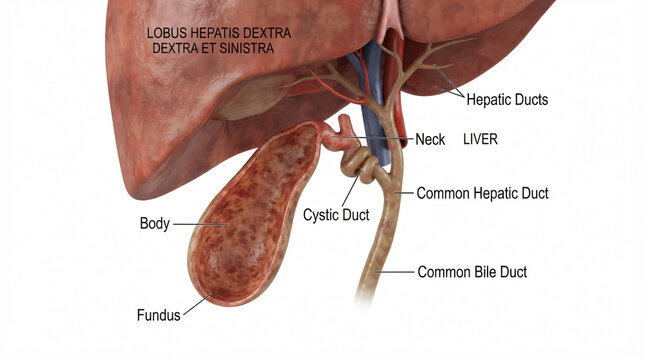 Anatomical view of liver with gallbladder and biliary tree structures in detail mode.