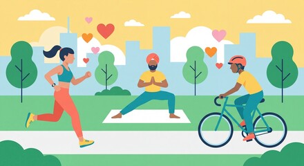 Fototapeta premium People exercising outdoors in a park with floating hearts