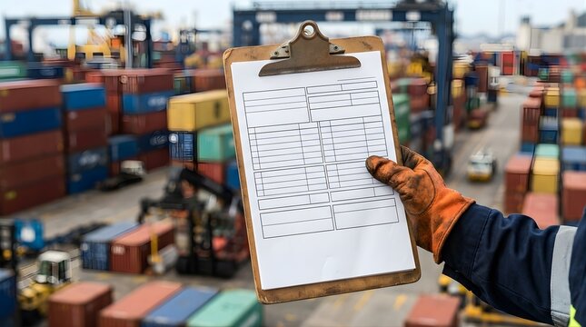 Worker holding clipboard with blank document in shipping container yard